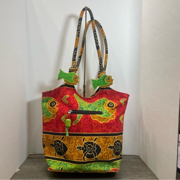 Colorful Fish-Patterned Tote Bag wooden fish.Beach bag. Turtles. Purse. Used - Picture 1 of 11
